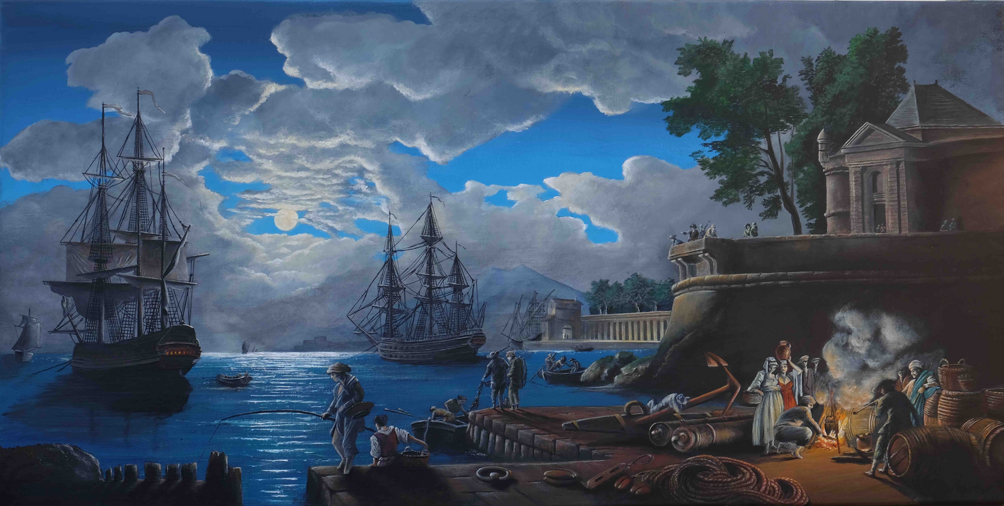 A mediterranean sea port by moon light